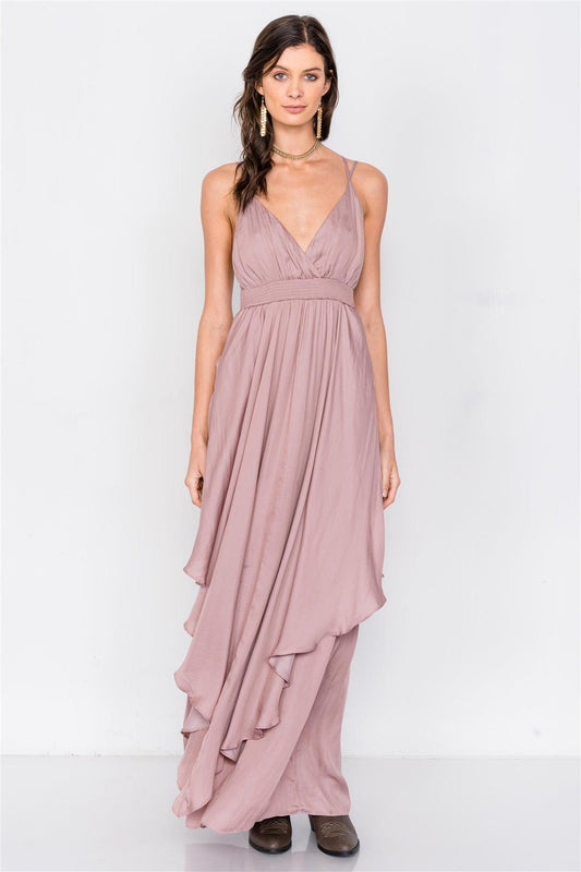 Dusty Mauve Criss Cross Cami Straps V-Neck Maxi Dress /3-2-1