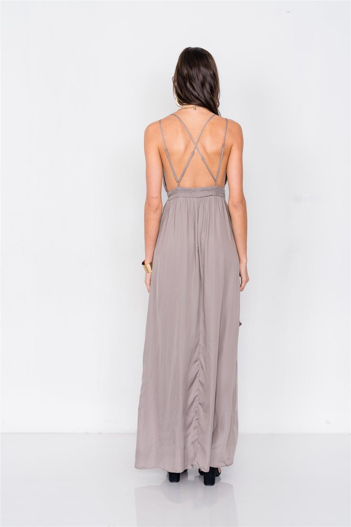 Silver Olive Criss Cross Cami Straps V-Neck Maxi Dress  /3-2-1