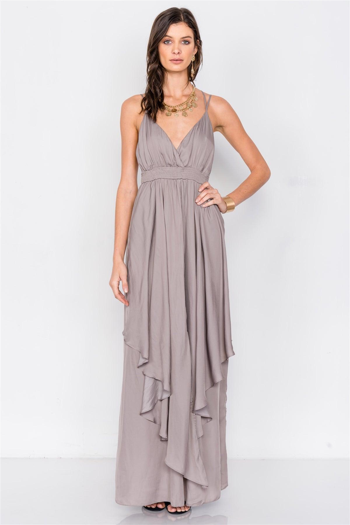 Silver Olive Criss Cross Cami Straps V-Neck Maxi Dress  /3-2-1