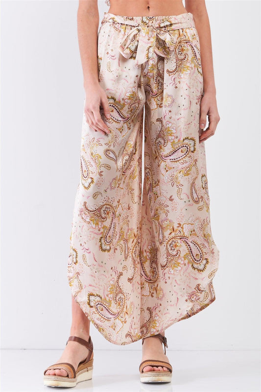 Champagne Satin Paisley Print Self-Tie High Waisted Side Slit Detail Asymmetrical Pants /3-2-1