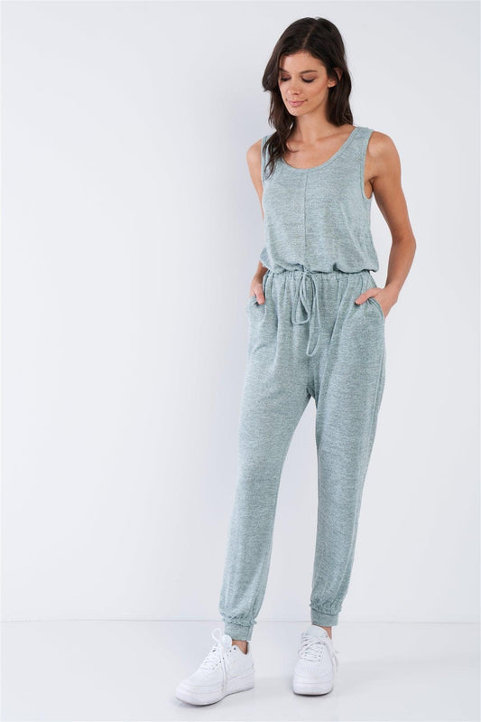 Sage Green Marled Scoop Neck Sleeveless Draw String Jumpsuit /3-2-1