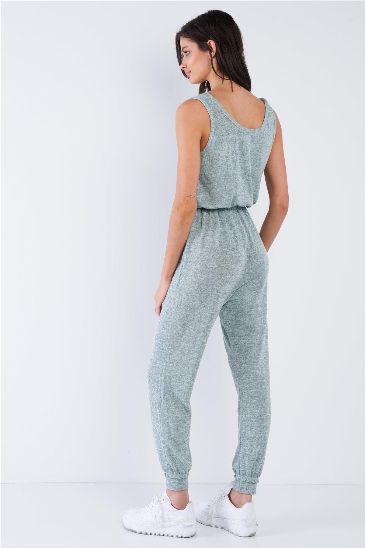 Sage Green Marled Scoop Neck Sleeveless Draw String Jumpsuit /3-2-1