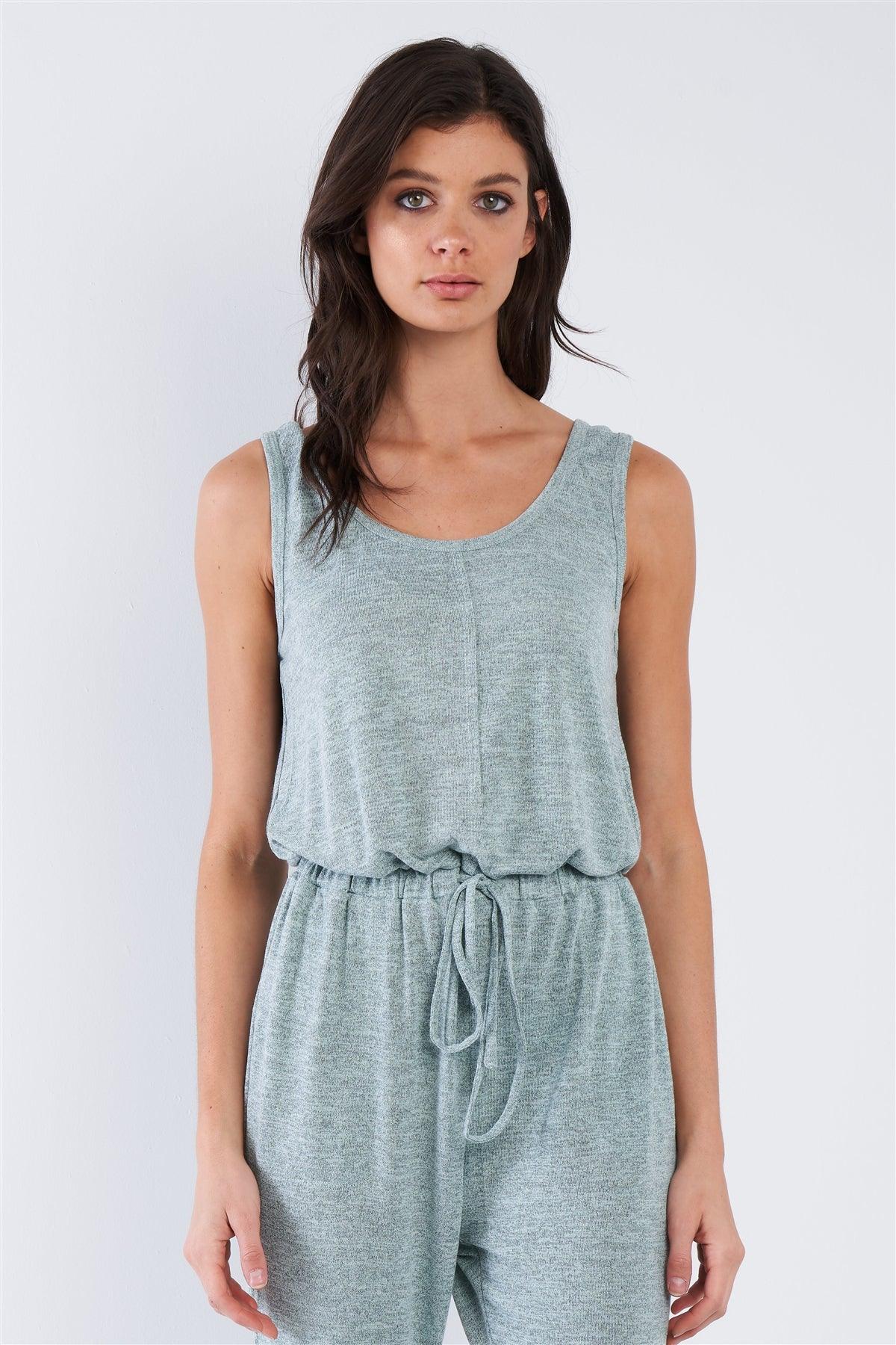 Sage Green Marled Scoop Neck Sleeveless Draw String Jumpsuit /3-2-1