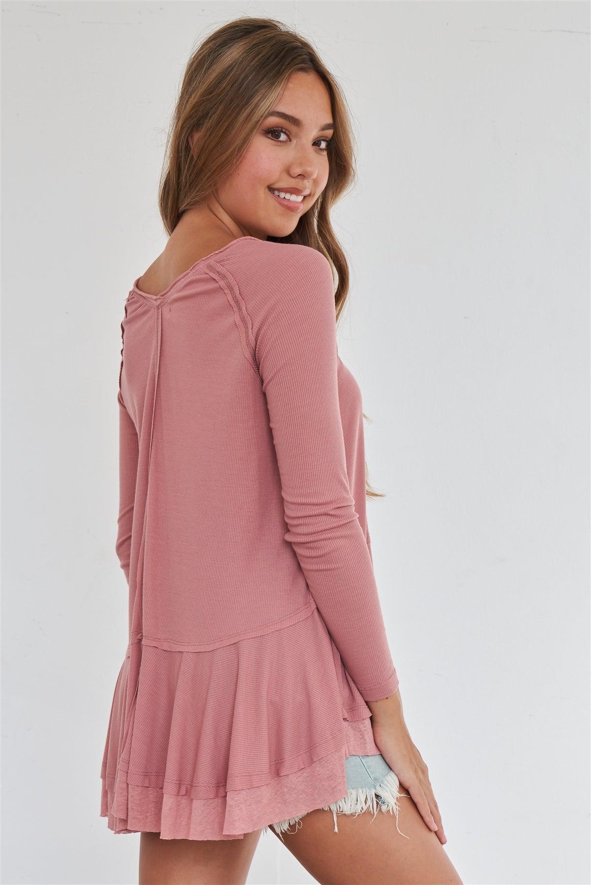 Wood Rose Long Sleeve Relaxed Fit Babydoll Knit Top /3-2-1