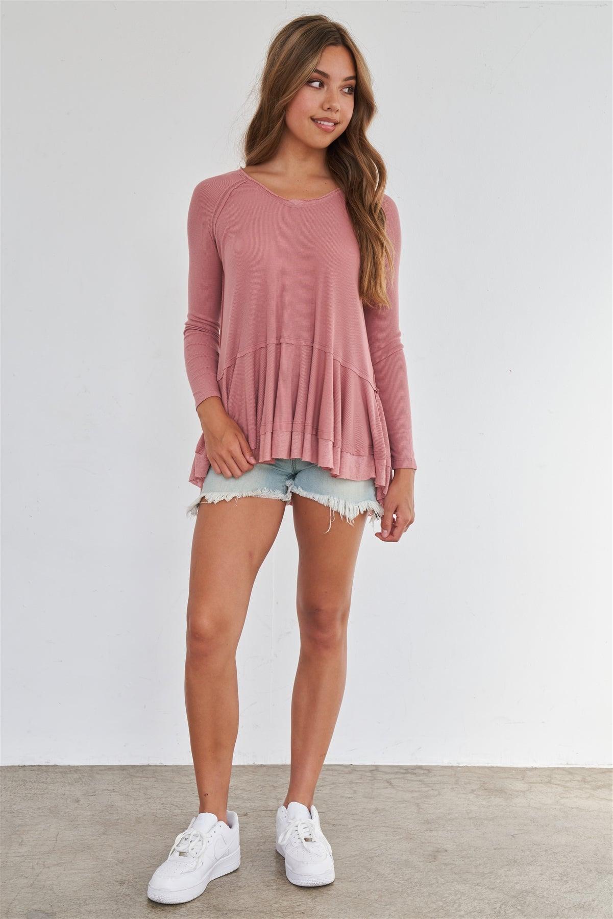 Wood Rose Long Sleeve Relaxed Fit Babydoll Knit Top /3-2-1