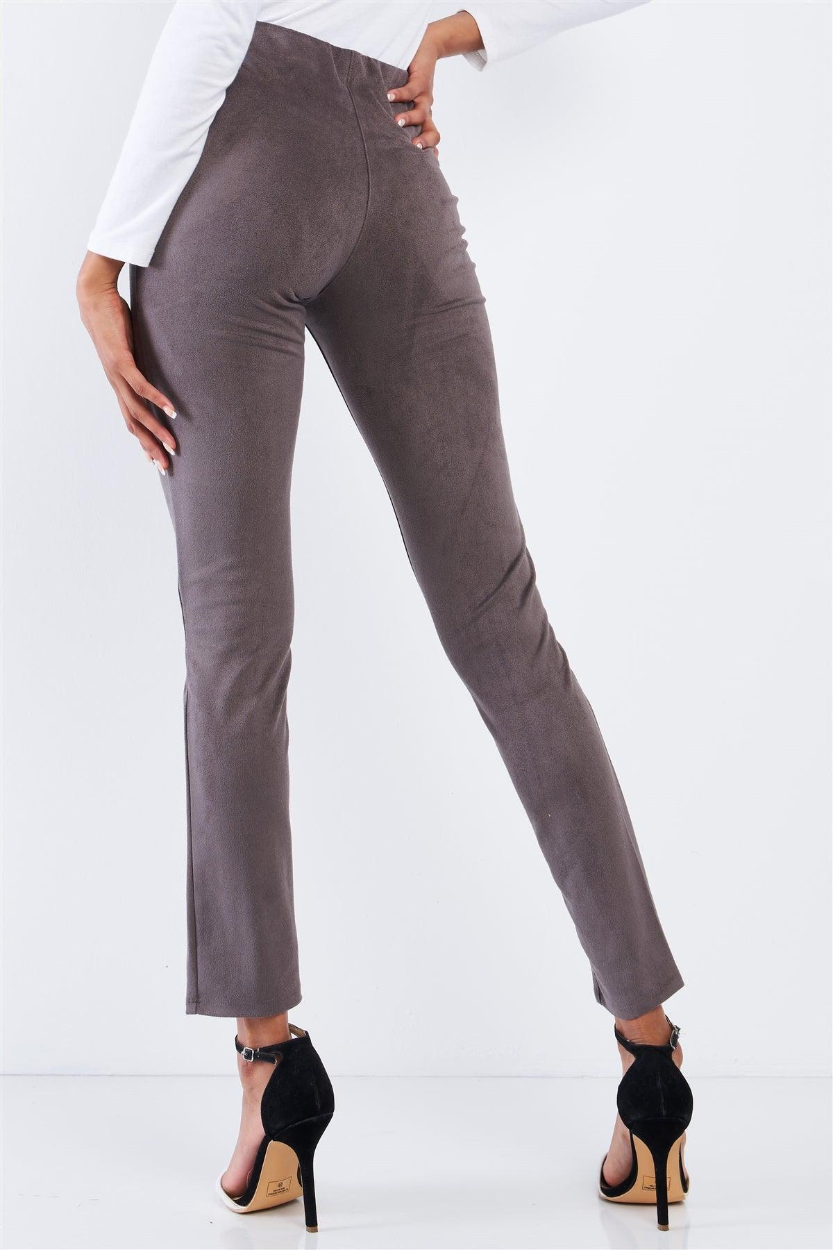 Concrete Grey Suede High Waist Tight Fit Front Bottom Slit Accent Ankle Length Pants /3-2-1