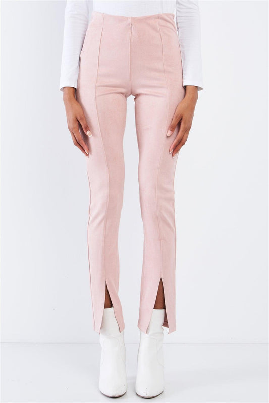 Winter Blush Pink Suede High Waist Tight Fit Front Bottom Slit Accent Ankle Length Pants /3-2-1