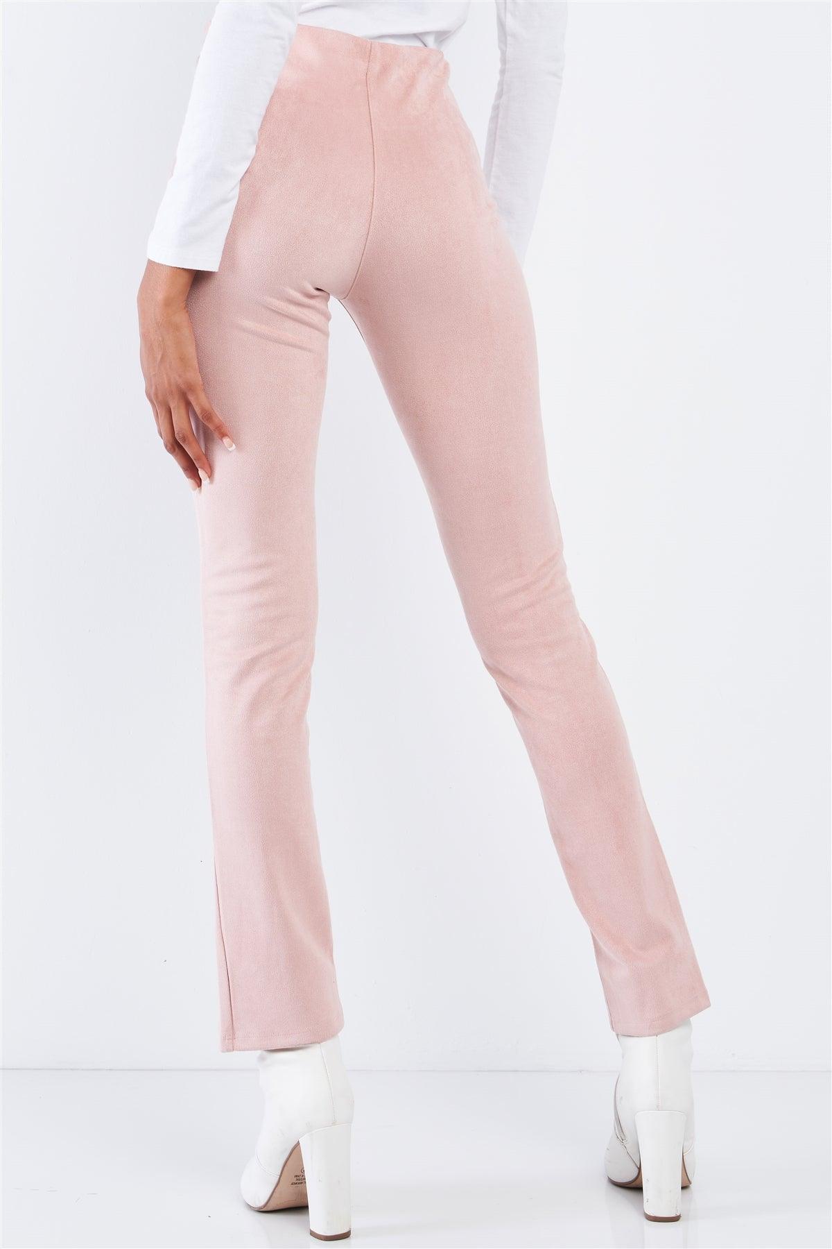 Winter Blush Pink Suede High Waist Tight Fit Front Bottom Slit Accent Ankle Length Pants /3-2-1