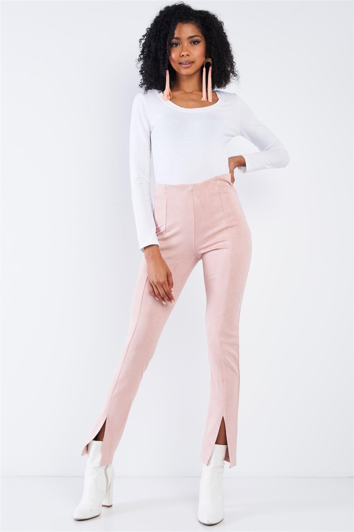 Winter Blush Pink Suede High Waist Tight Fit Front Bottom Slit Accent Ankle Length Pants /3-2-1