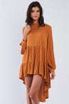 Deep Honey Long Cuffed Sleeve Cold Shoulder Teared High Low Keyhole Closure Dress /3-2-1