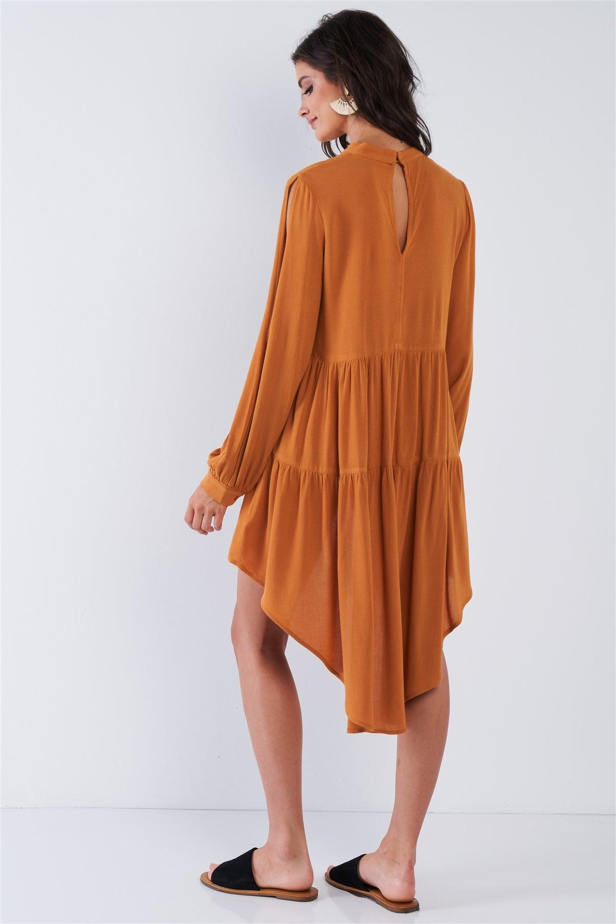 Deep Honey Long Cuffed Sleeve Cold Shoulder Teared High Low Keyhole Closure Dress /3-2-1