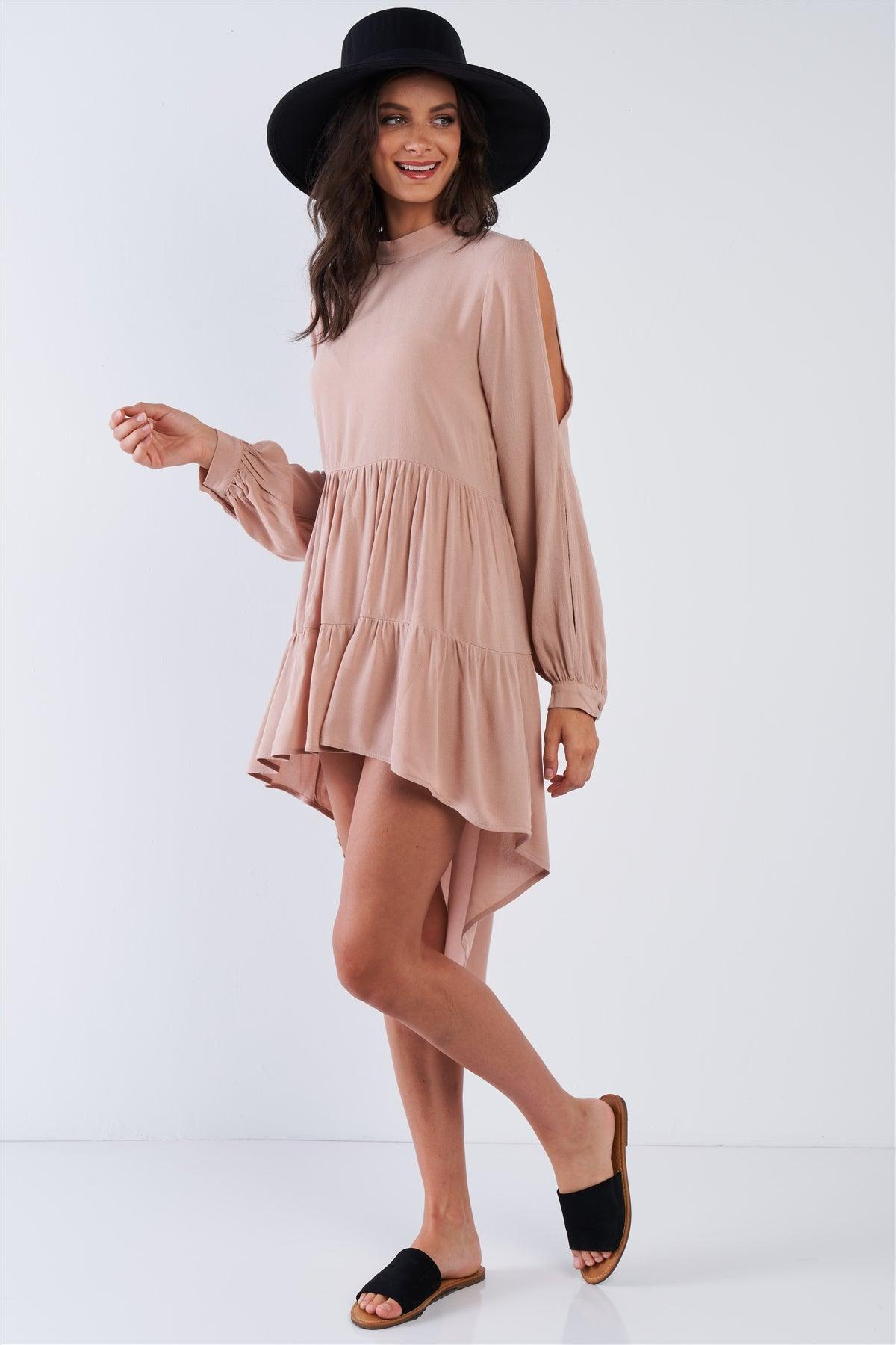 Latte Long Cuffed Sleeve Cold Shoulder Teared High Low Keyhole Closure Dress /3-2-1