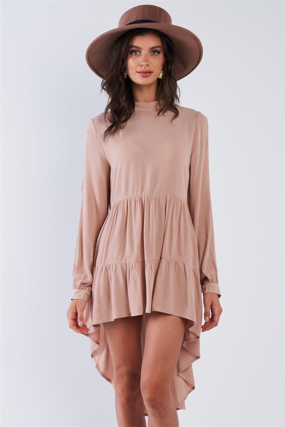 Latte Long Cuffed Sleeve Cold Shoulder Teared High Low Keyhole Closure Dress /3-2-1