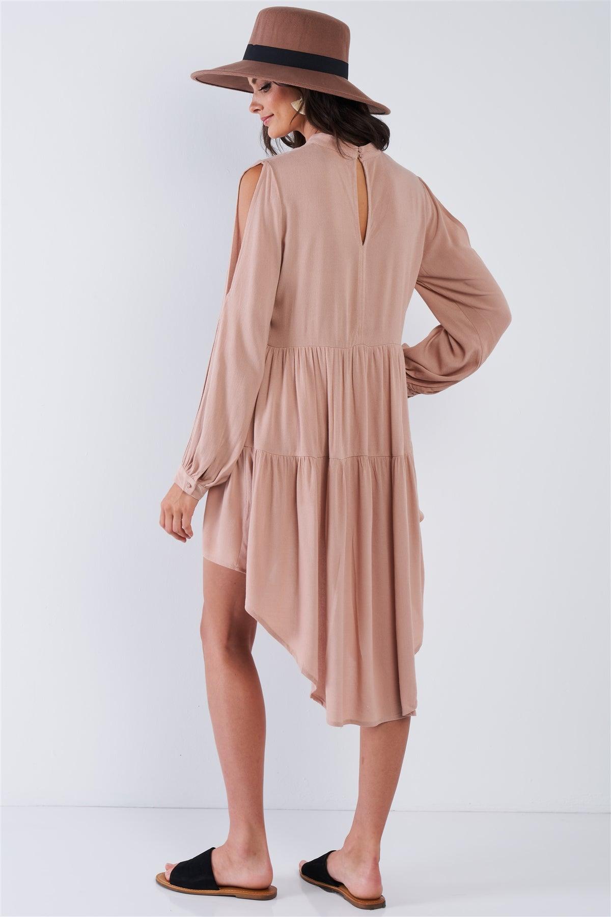 Latte Long Cuffed Sleeve Cold Shoulder Teared High Low Keyhole Closure Dress /3-2-1