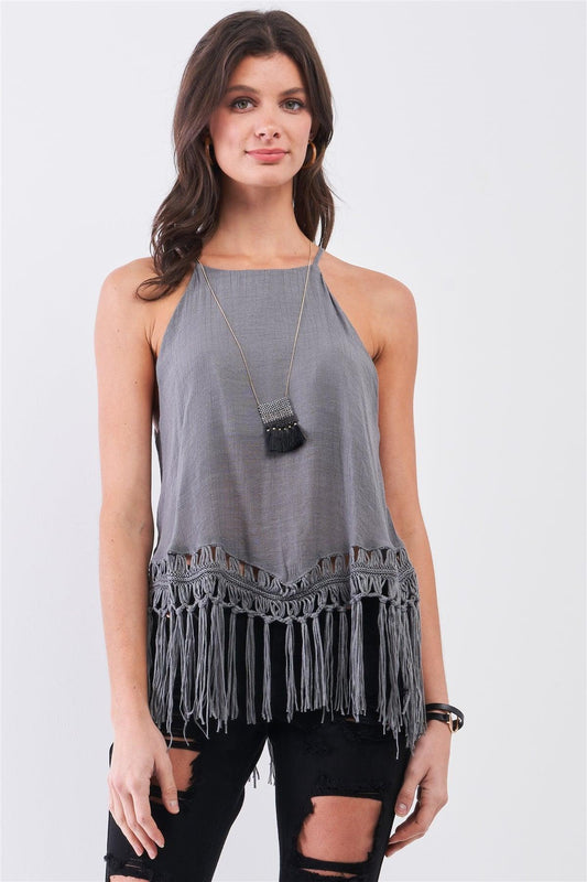 Dark-Grey Boho Sleeveless High Neck Loose Fit Linen Imitation Fringe Top /3-2-1