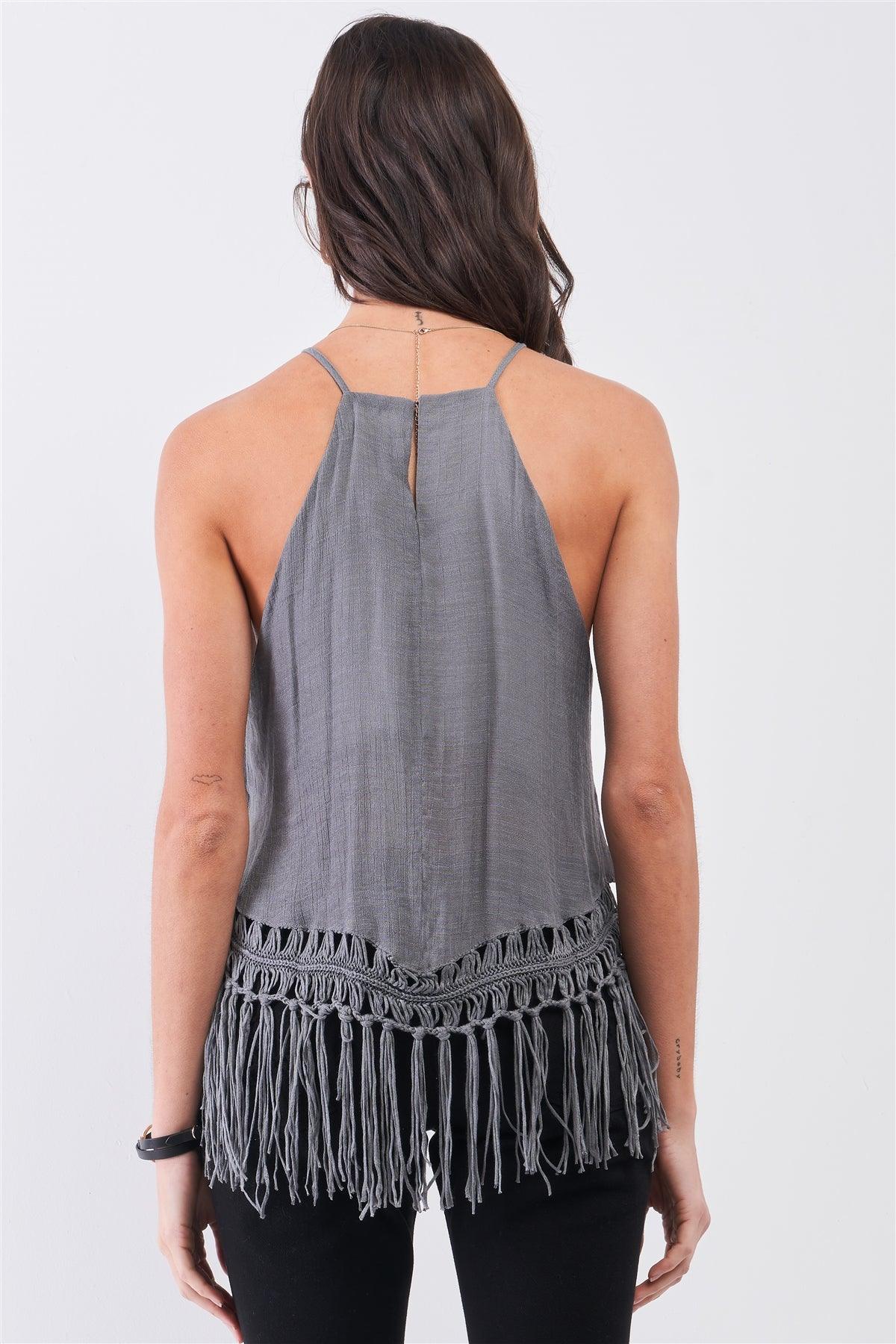 Dark-Grey Boho Sleeveless High Neck Loose Fit Linen Imitation Fringe Top /3-2-1