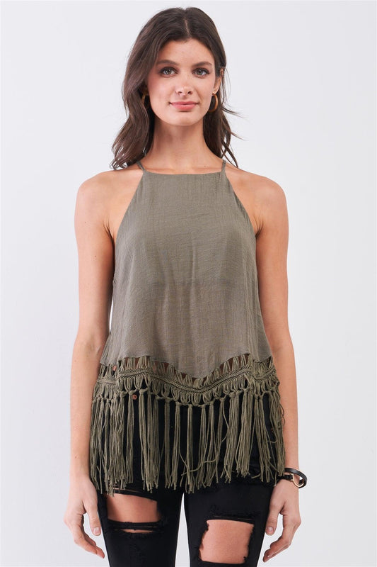 Olive Boho Sleeveless High Neck Loose Fit Linen Imitation Fringe Top /3-2-1