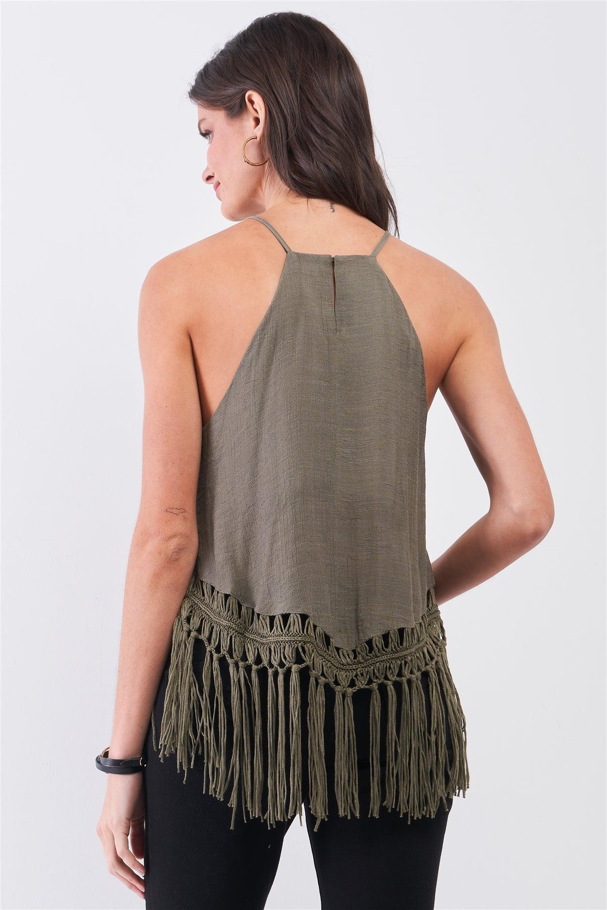 Olive Boho Sleeveless High Neck Loose Fit Linen Imitation Fringe Top /3-2-1