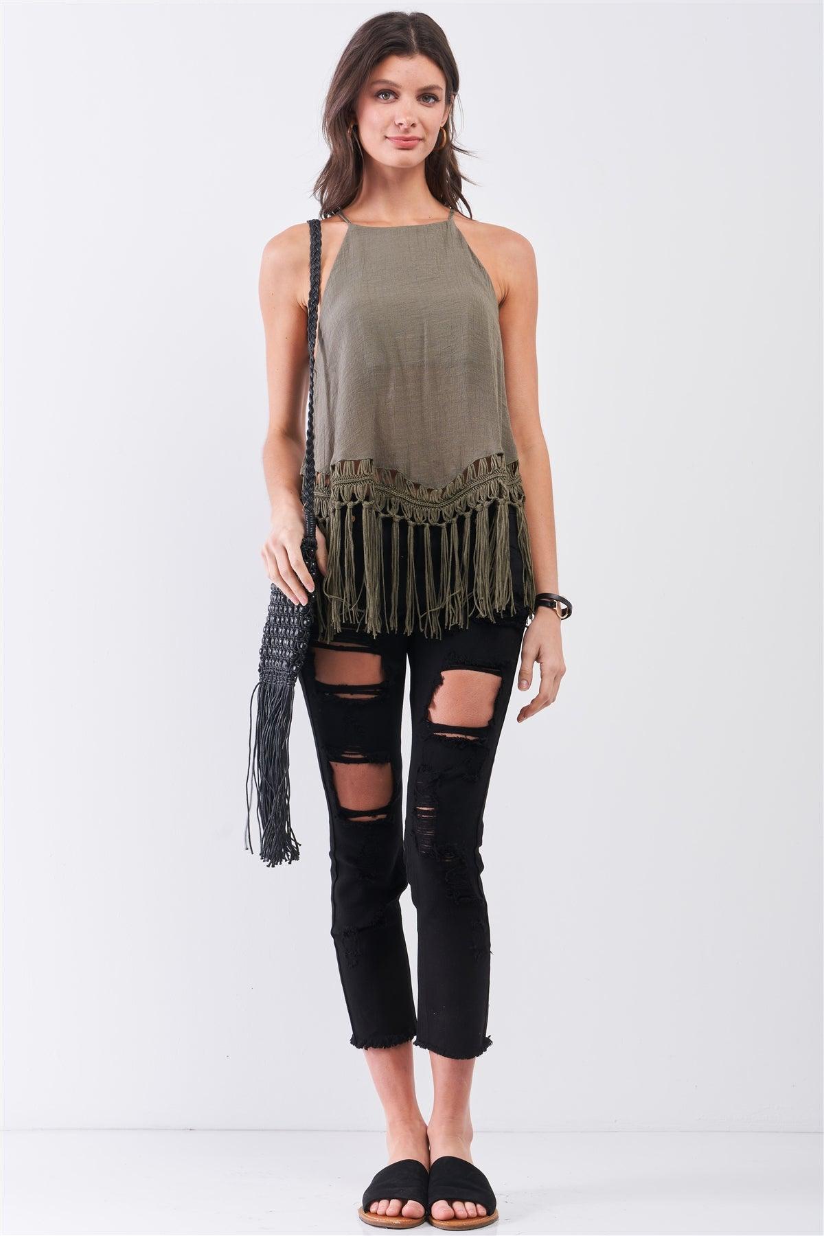 Olive Boho Sleeveless High Neck Loose Fit Linen Imitation Fringe Top /3-2-1