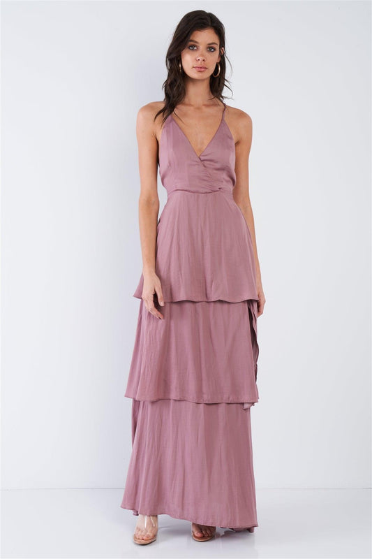 Dusty Mauve Pink Tiered Ruffle Side Slit V-Neck Open Back Maxi Dress /3-2-1