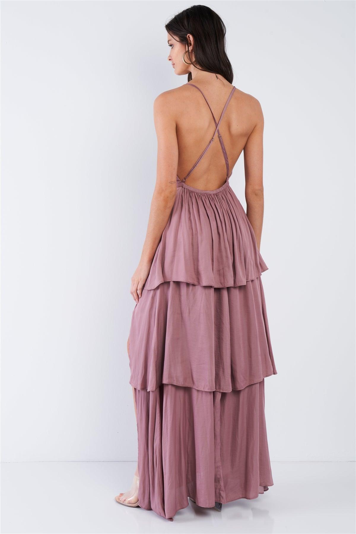 Dusty Mauve Pink Tiered Ruffle Side Slit V-Neck Open Back Maxi Dress /3-2-1