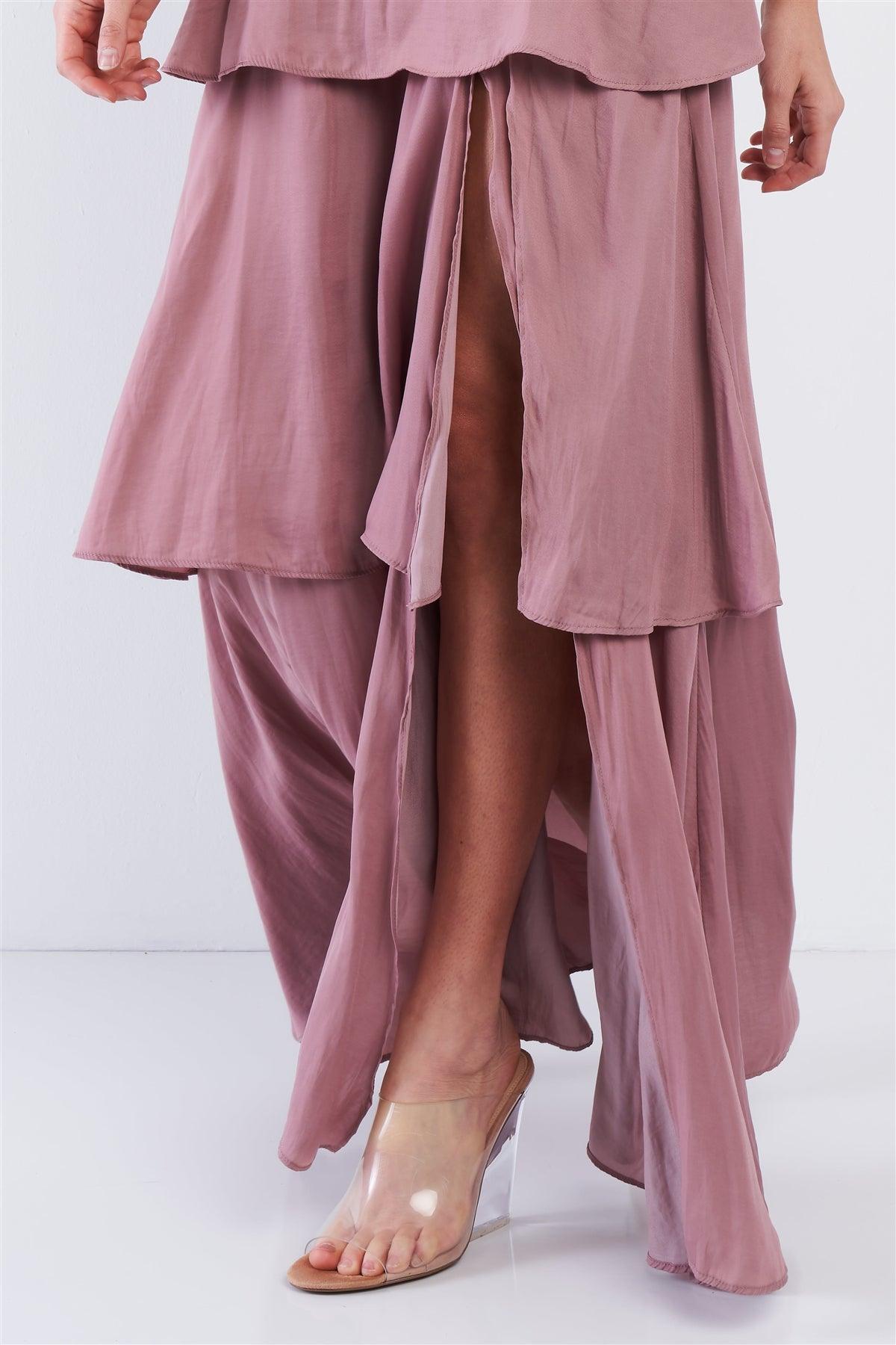 Dusty Mauve Pink Tiered Ruffle Side Slit V-Neck Open Back Maxi Dress /3-2-1