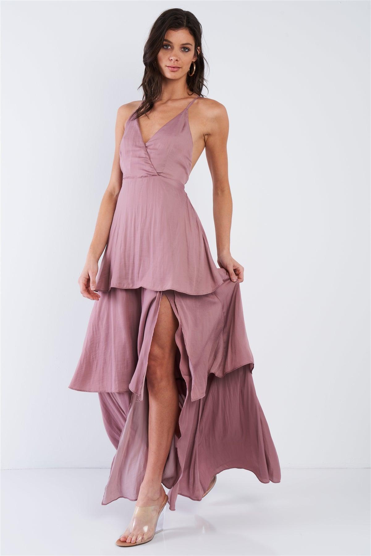 Dusty Mauve Pink Tiered Ruffle Side Slit V-Neck Open Back Maxi Dress /3-2-1