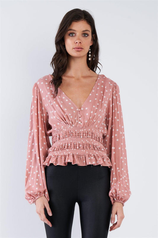 Dusty Peach Pink & White Frill Hem V-Neck Full Puff Sleeve Top /3-2-1