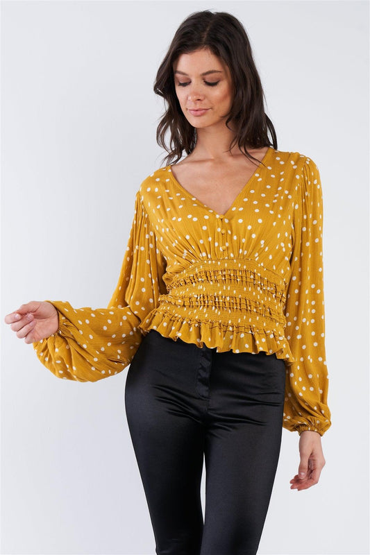 Mustard Yellow & White Frill Hem V-Neck Full Puff Sleeve Top  /3-2-1