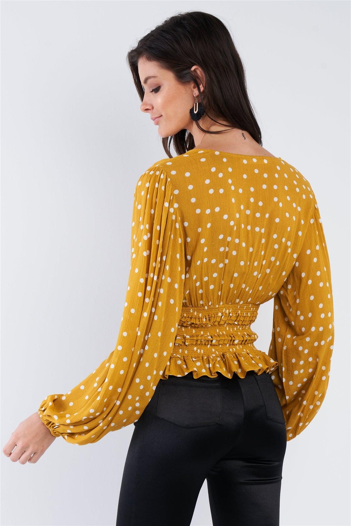 Mustard Yellow & White Frill Hem V-Neck Full Puff Sleeve Top  /3-2-1