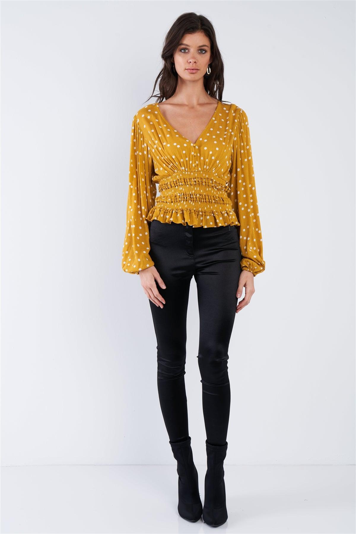 Mustard Yellow & White Frill Hem V-Neck Full Puff Sleeve Top  /3-2-1