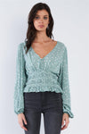 Sage Green & White Frill Hem V-Neck Full Puff Sleeve Top  /3-2-1