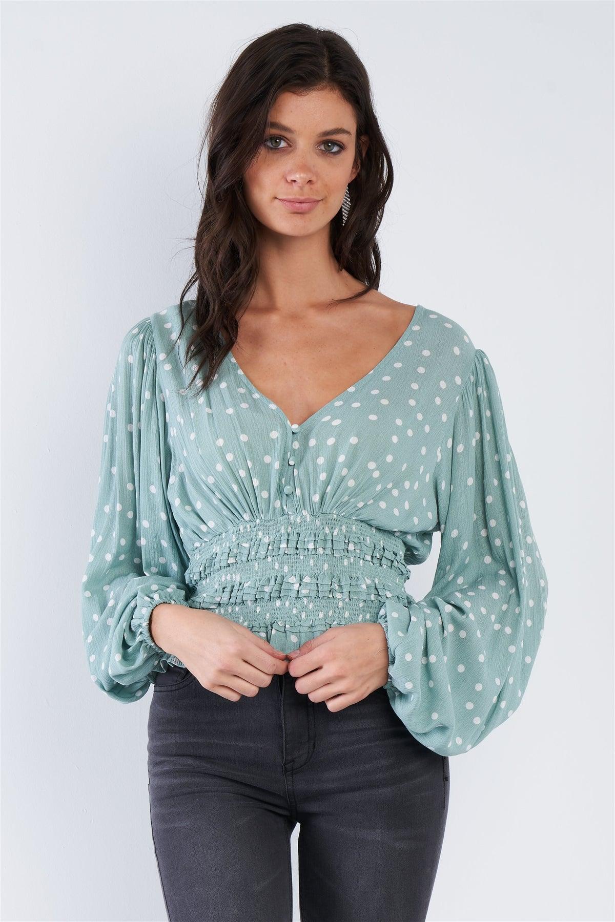 Sage Green & White Frill Hem V-Neck Full Puff Sleeve Top  /3-2-1