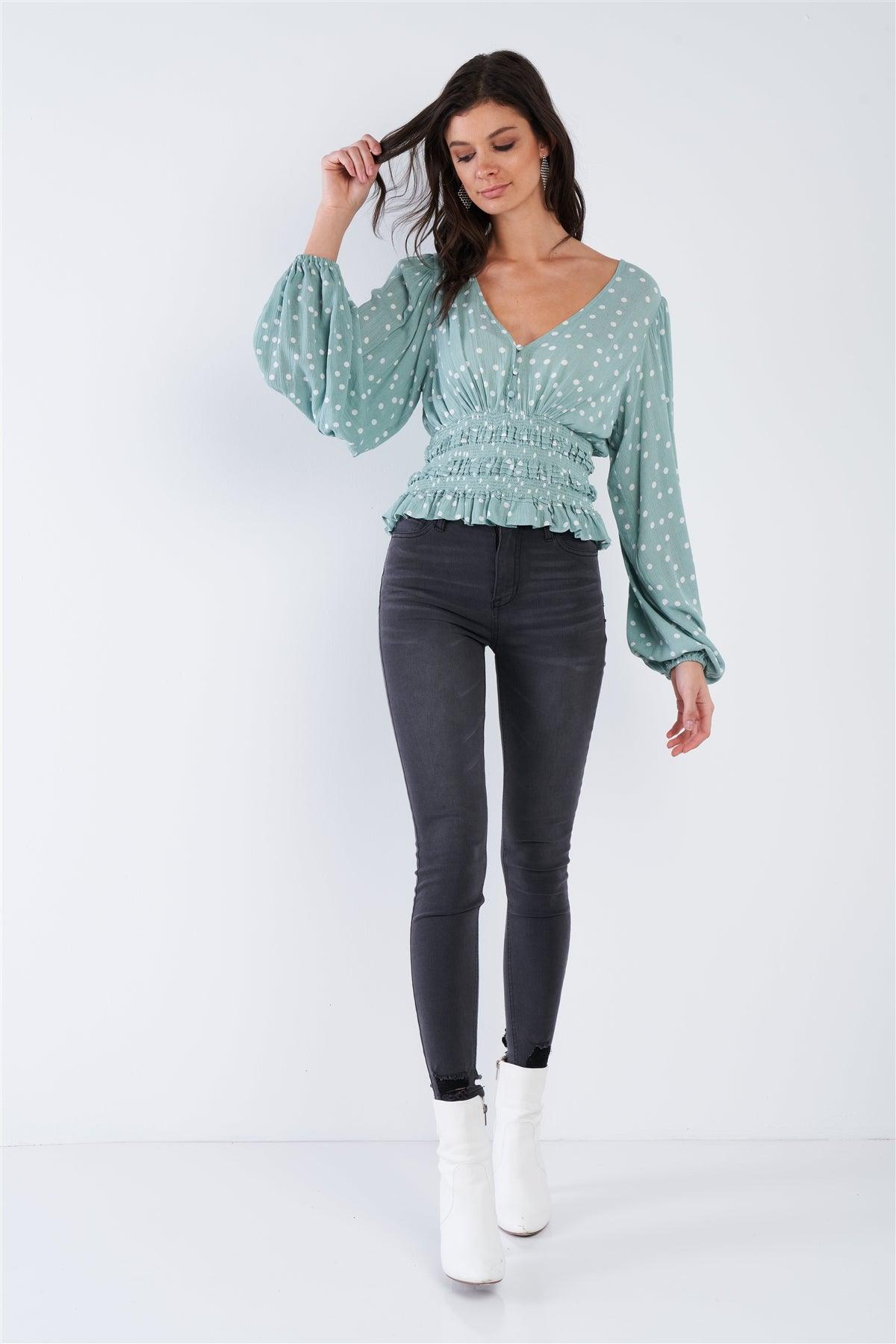 Sage Green & White Frill Hem V-Neck Full Puff Sleeve Top  /3-2-1