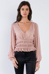 Latte Mini Boho Knot Frill Hem V-Neck Full Puff Sleeve Top  /3-2-1