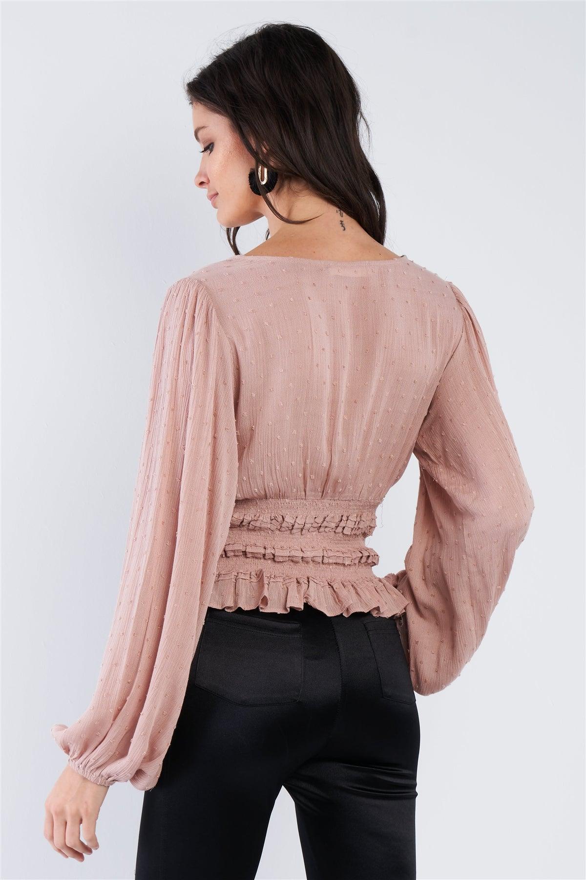 Latte Mini Boho Knot Frill Hem V-Neck Full Puff Sleeve Top  /3-2-1