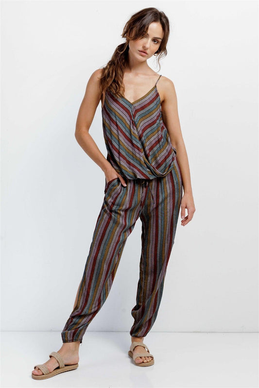 Wholesale Multi Stripe V-Neck High-Low Cami & Side Slit Harem Pant Set