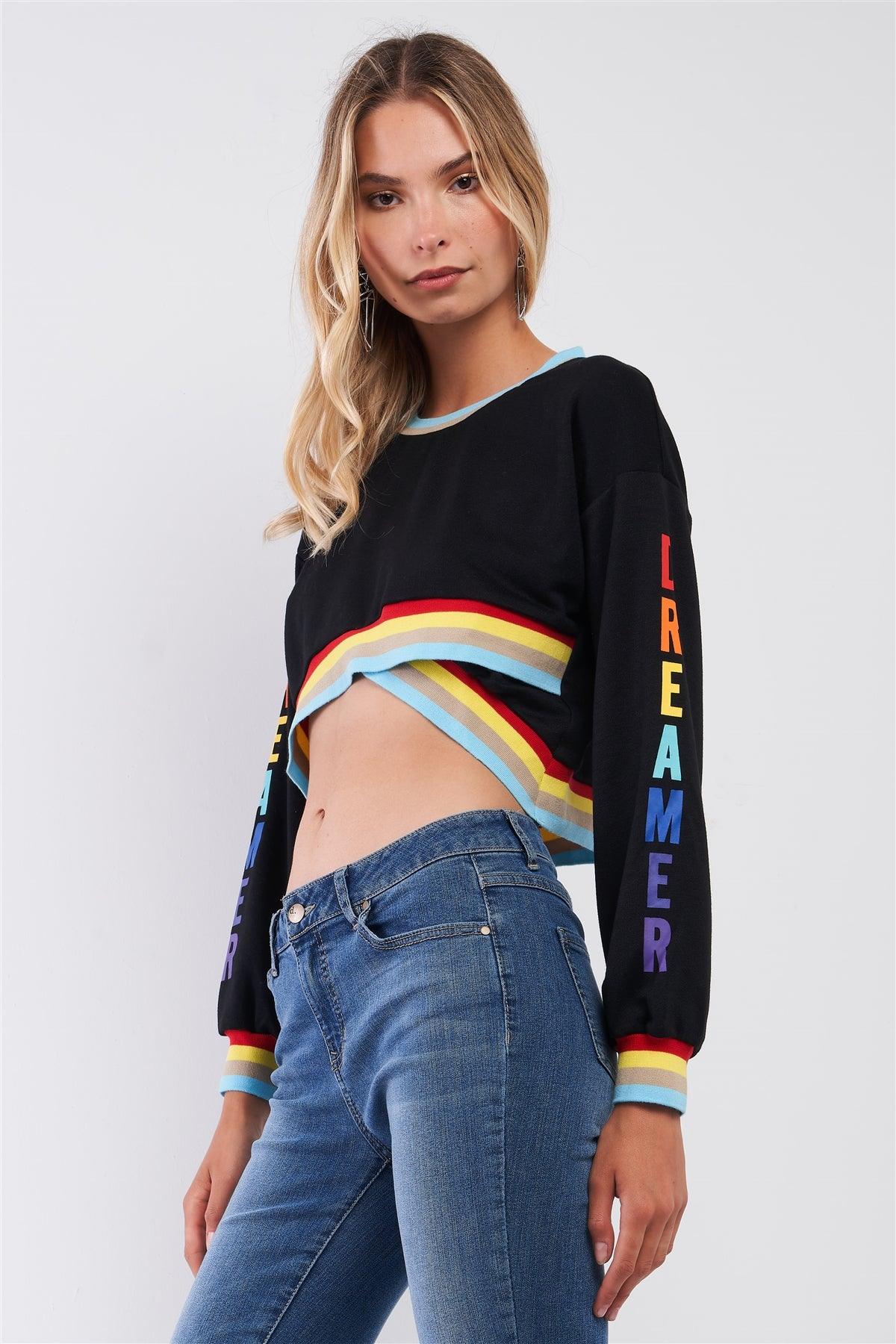 Dreamer Black & Rainbow Asymmetrical Long Sleeve Crop Top /3-2-1