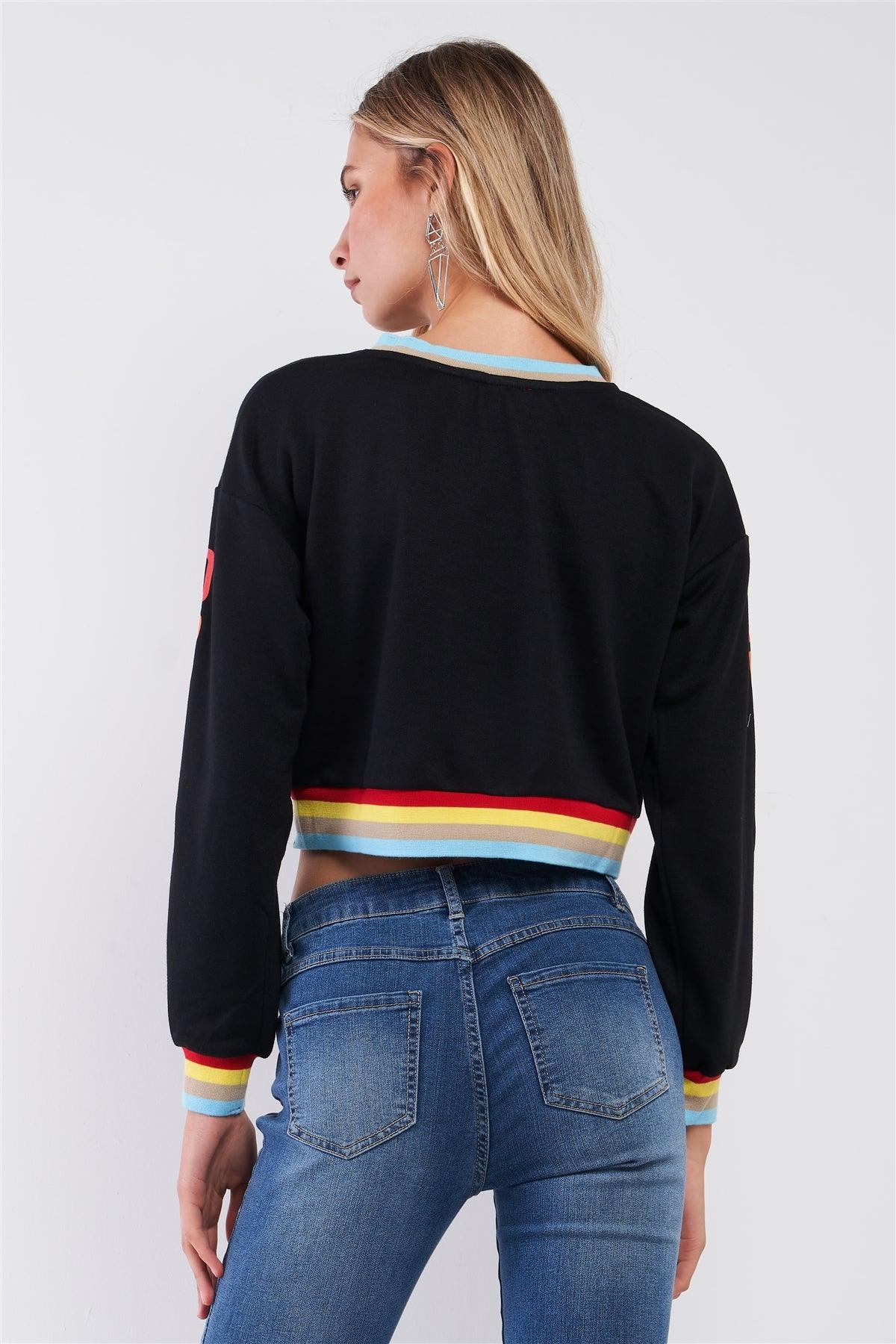 Dreamer Black & Rainbow Asymmetrical Long Sleeve Crop Top /3-2-1