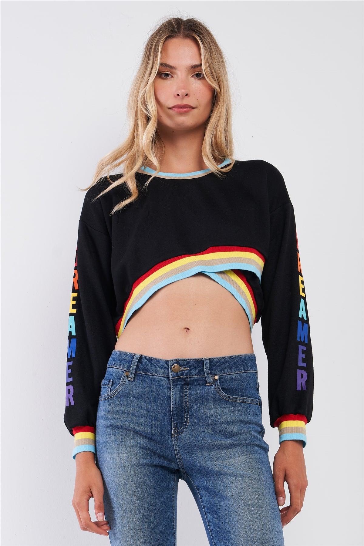 Dreamer Black & Rainbow Asymmetrical Long Sleeve Crop Top /3-2-1