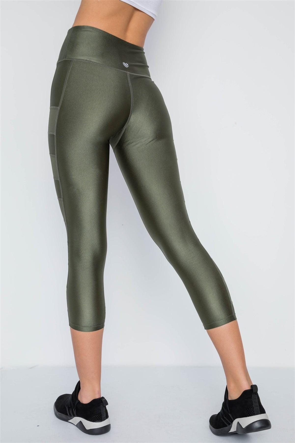 Olive Phone Pocket Capri Mash Detail Active Leggings /2-1-1