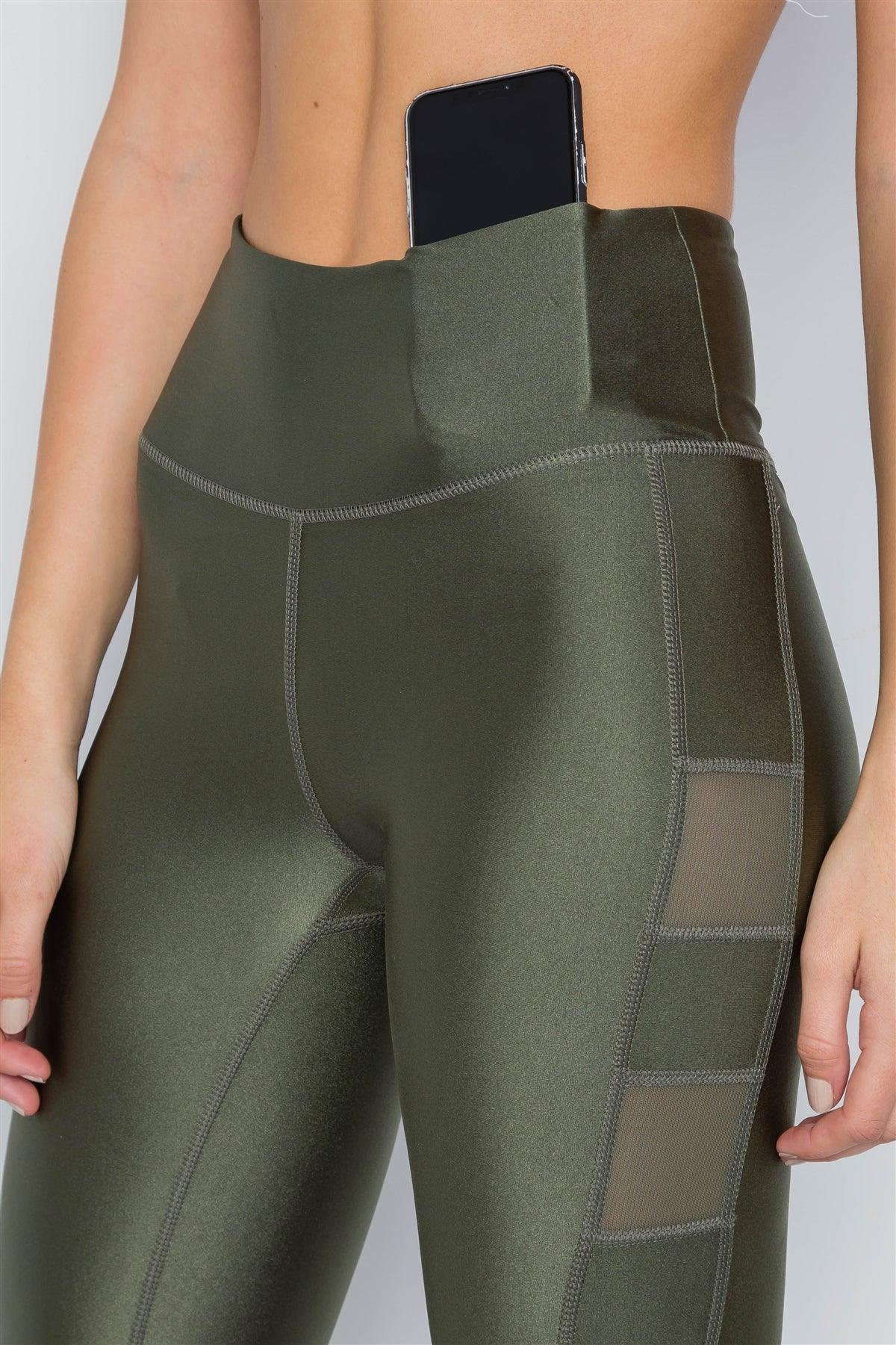 Olive Phone Pocket Capri Mash Detail Active Leggings /2-1-1