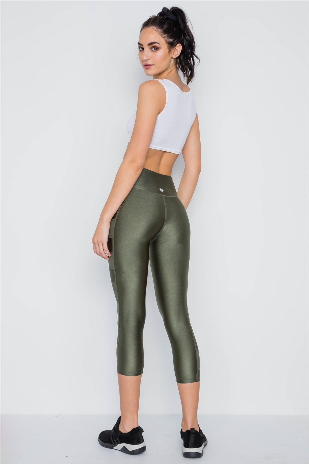 Olive Phone Pocket Capri Mash Detail Active Leggings /2-1-1