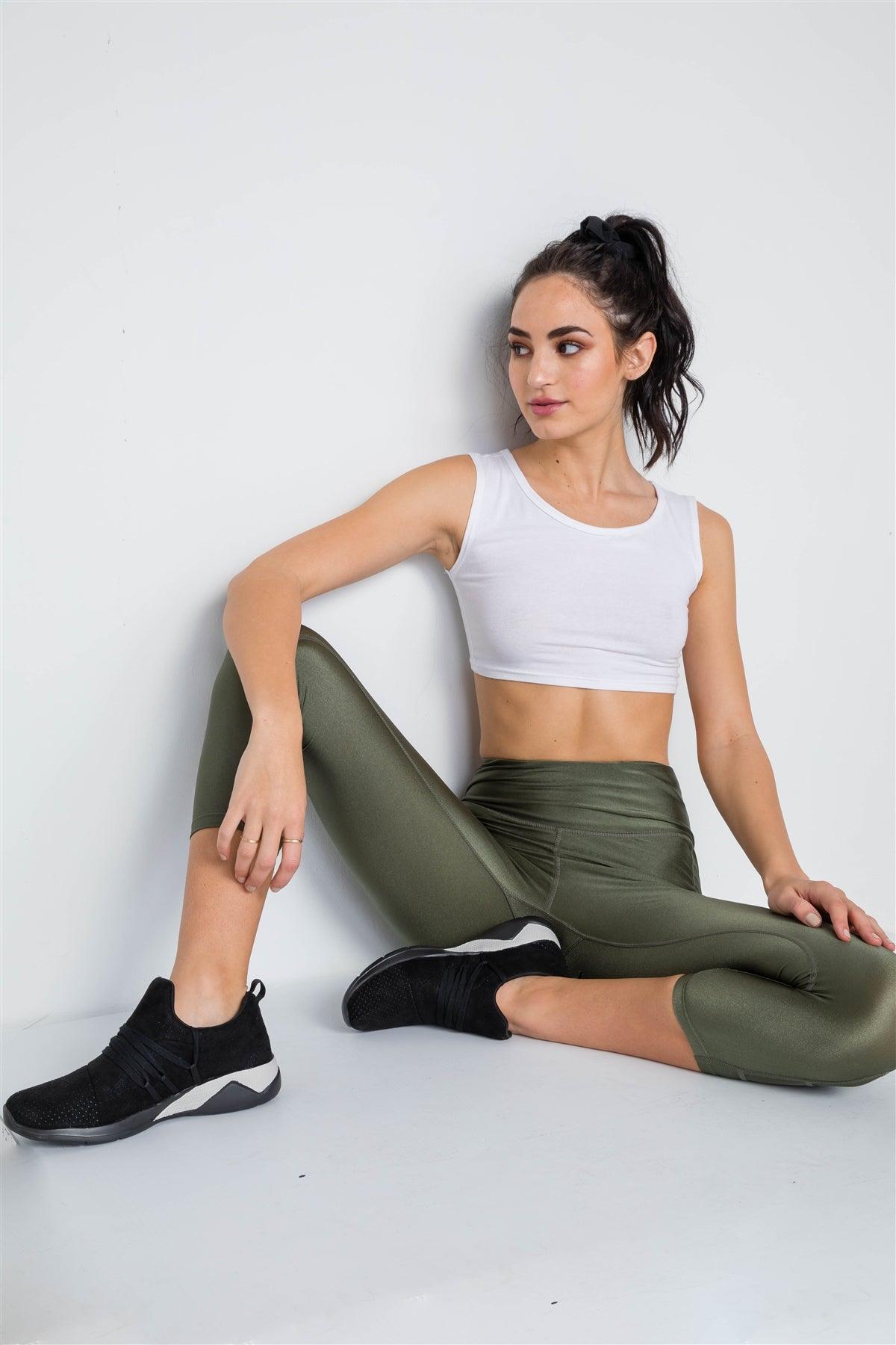 Olive Phone Pocket Capri Mash Detail Active Leggings /1-2-2-1