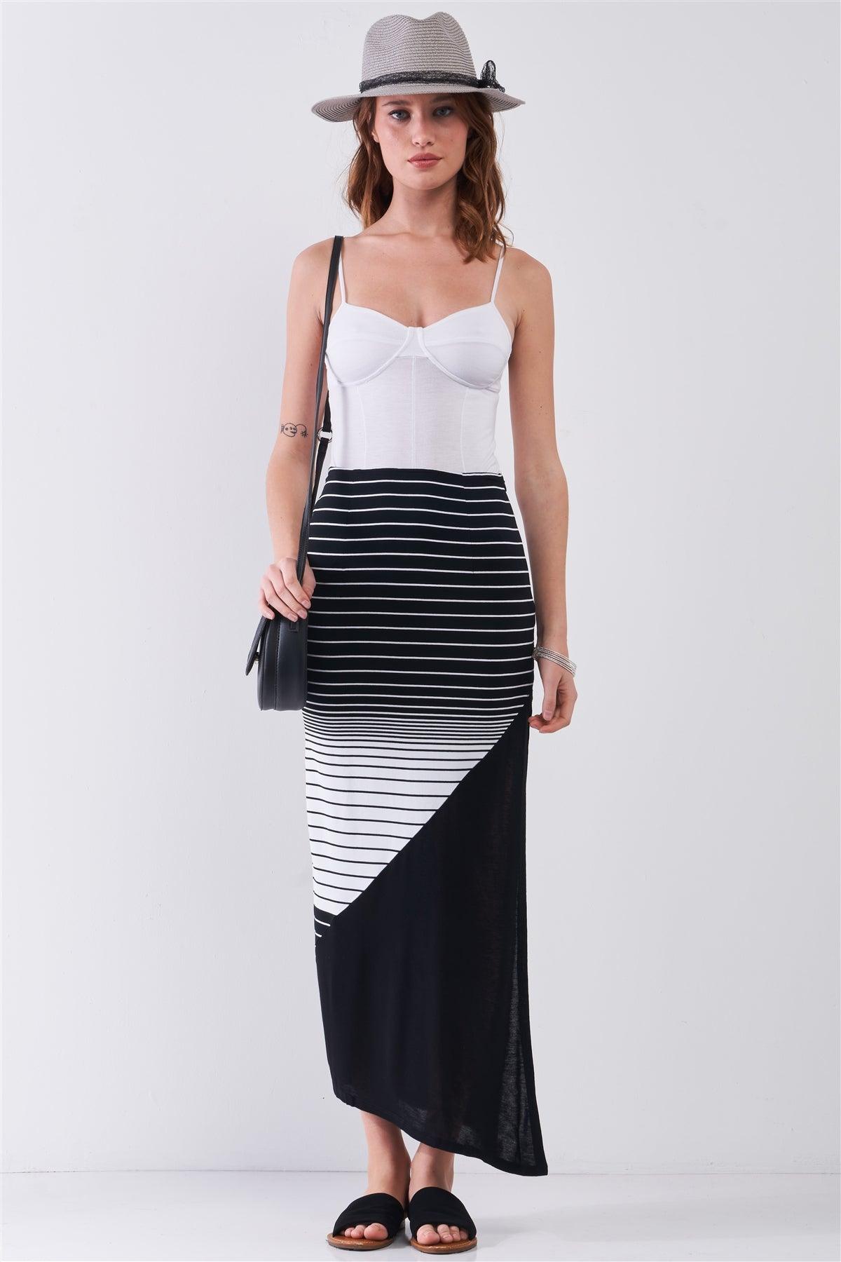 So Noir Black & White Gradient Multi Stripe High Waist Side Slit Detail Maxi Skirt /1-2-2