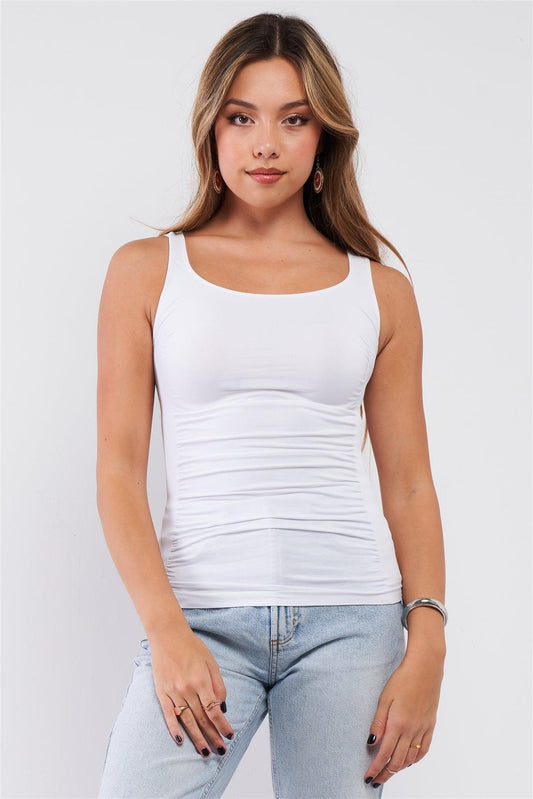 White Sleeveless Round Neck Ruched Detail Ribbed Sides Top /3-3