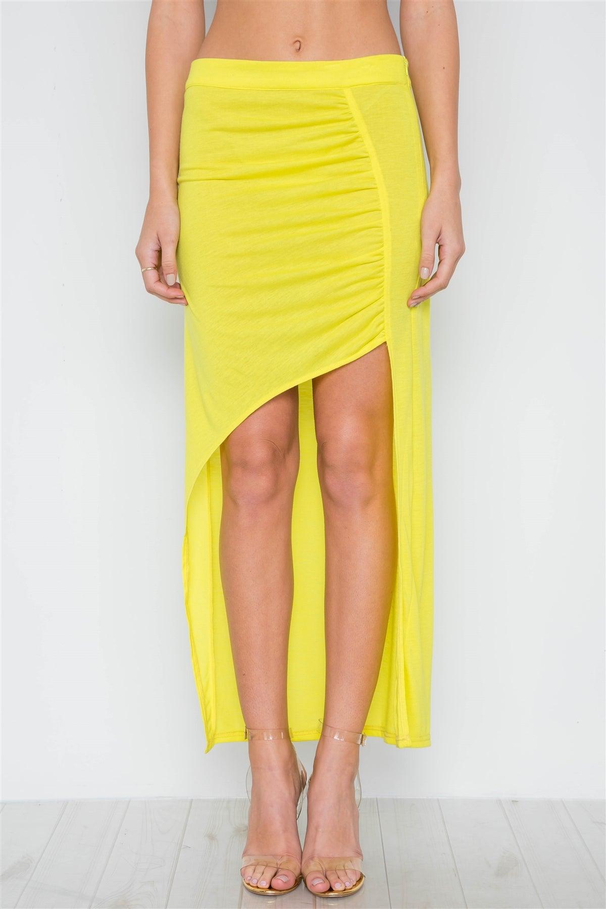 Neon Yellow Solid Open Side Ruffle Maxi Skirt /3-2-1