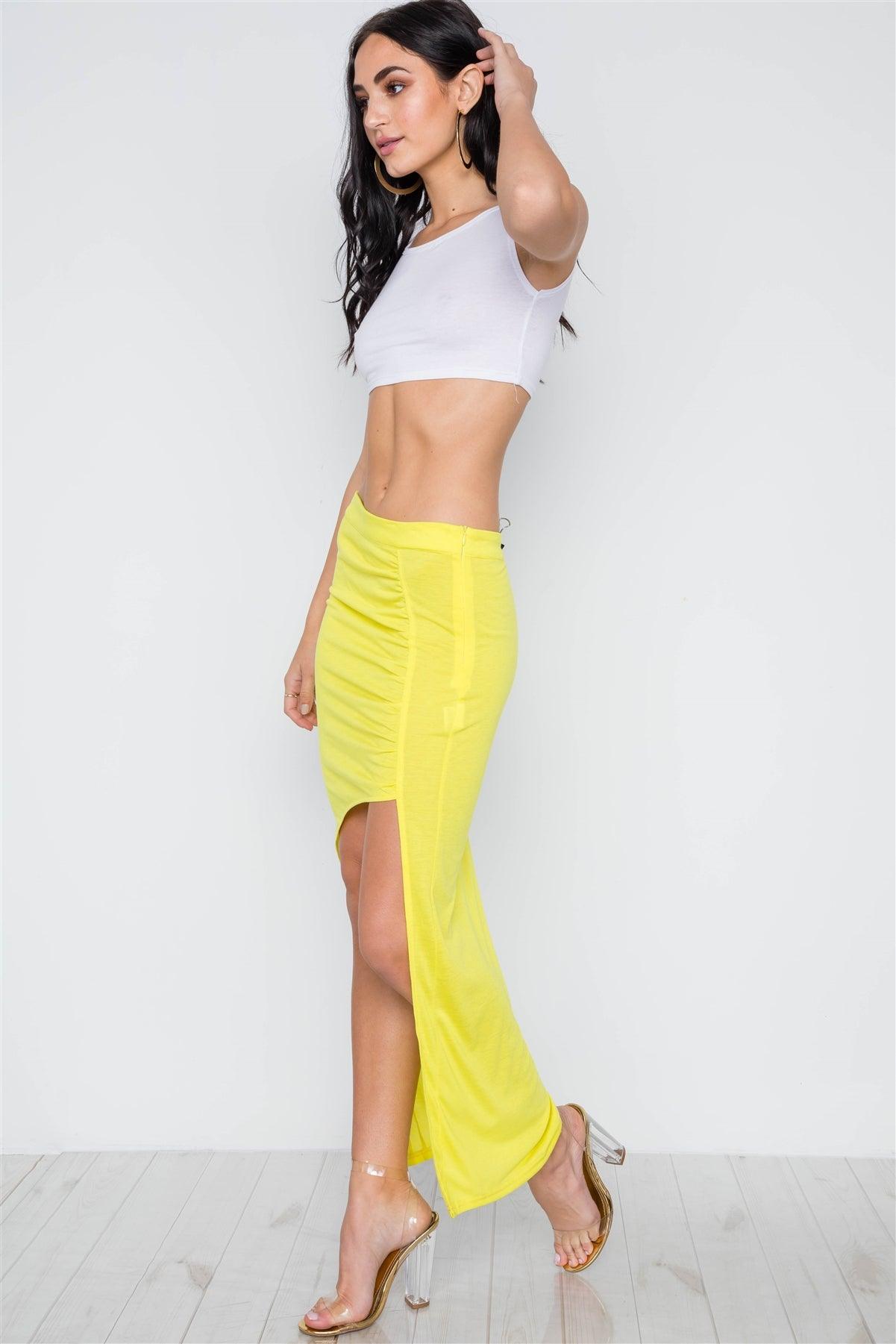 Neon Yellow Solid Open Side Ruffle Maxi Skirt /3-2-1