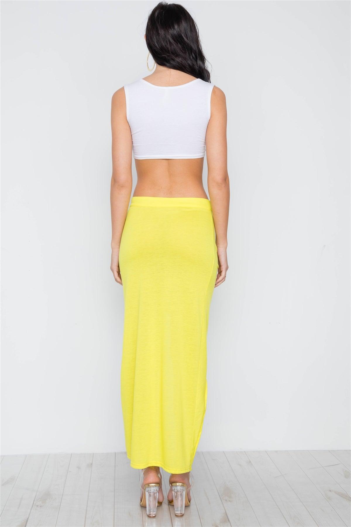 Neon Yellow Solid Open Side Ruffle Maxi Skirt /3-2-1