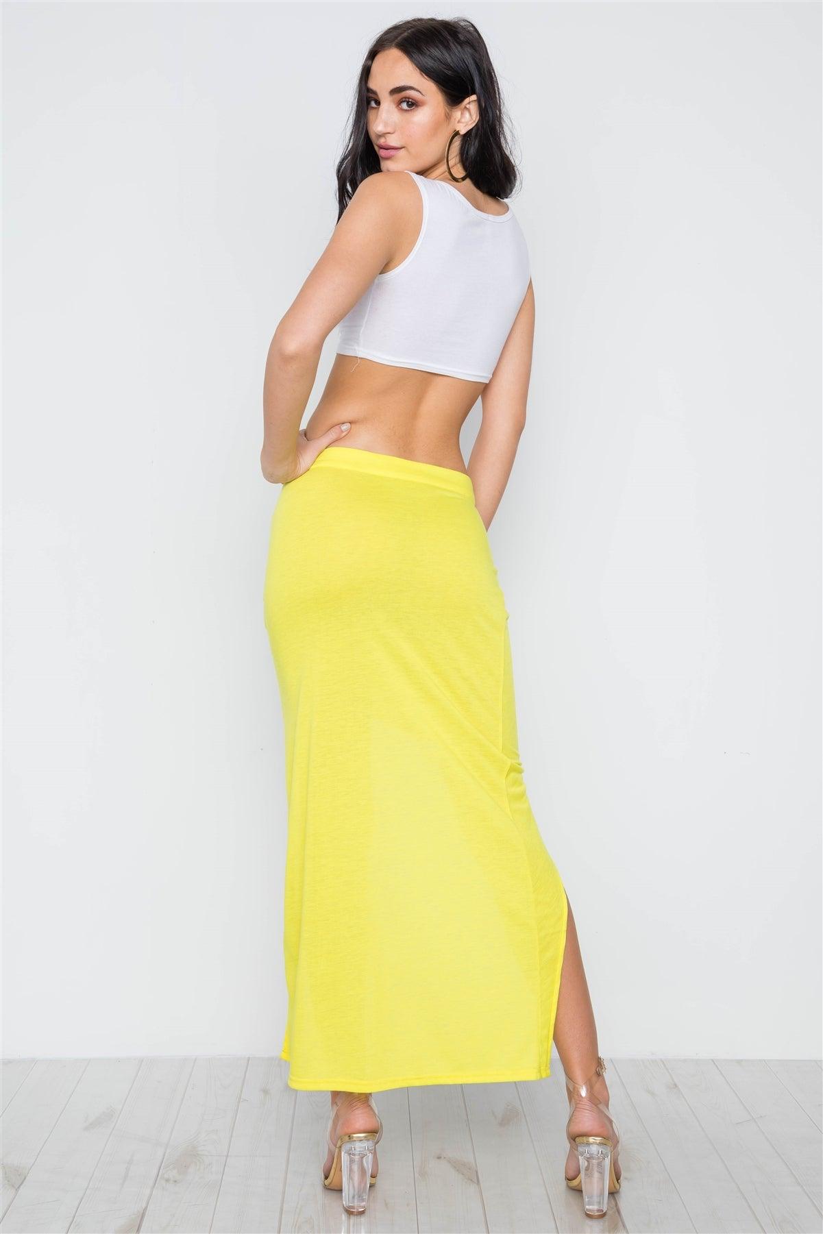 Neon Yellow Solid Open Side Ruffle Maxi Skirt /3-2-1